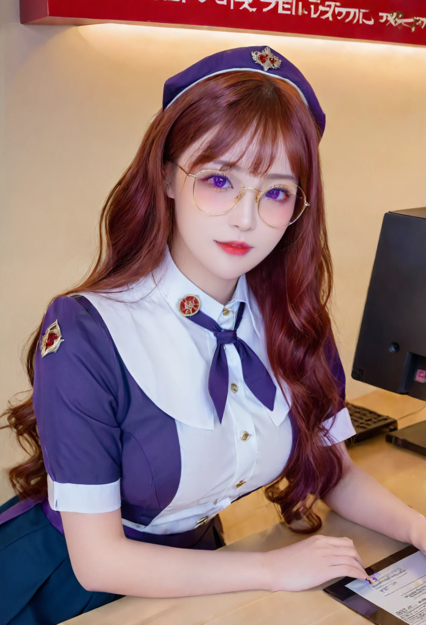 Guild girl, receptionist, ((medieval fantasy)), (another world), , red hair, wavy long hair, purple eyes, glasses, big breasts, receptionist uniform, blue and white uniform, calm atmosphere, reception counter ,analog,