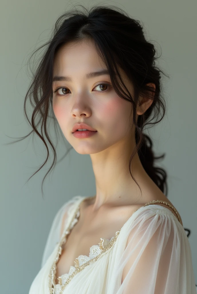 Young woman, modest, mole, Brown eyes, dark hair, , white transparent dress,Chuvash woman