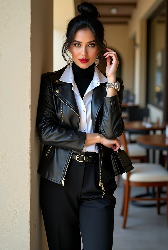 Full body beautiful white curvy hourglass body shape lebanese woman, 5'8" tall, medium top bun black hair, deep brown round eyes, wearing close zipped up black black biker leather jacket, black wide leg belted pants, rolled up sleeves, zipping up jacket, up collar, collared white formal button down blouse under jacket, black turttleneck collar shirt under blouse, shy smile, tender look, leaning on the wall at a cafe, high hill sandals, summer sunny day, bag, watch and bracelet, neck chain, ear rings, red lips, crossing arms, hand fixing the hair