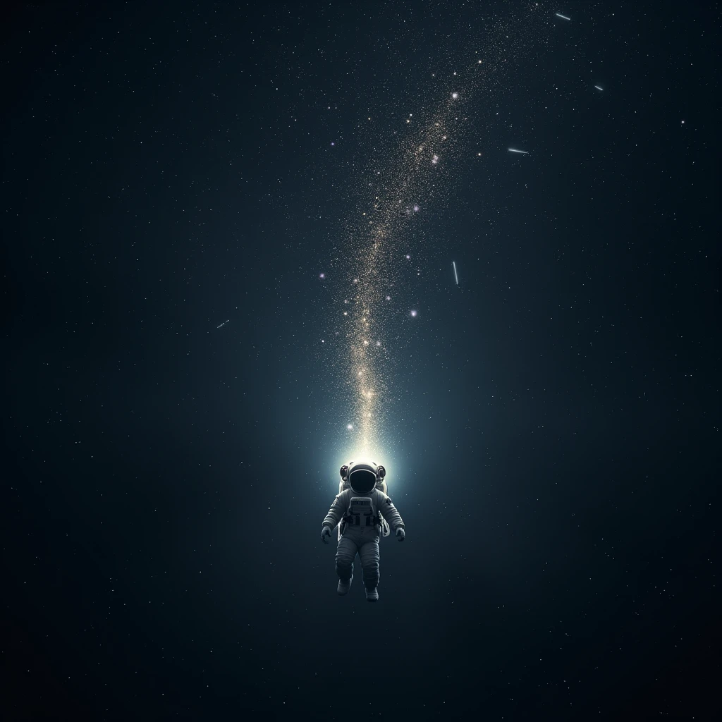 Astronaut in space. , shines , Many stars , constellations , galaxies , a flash of light comes out of his suit