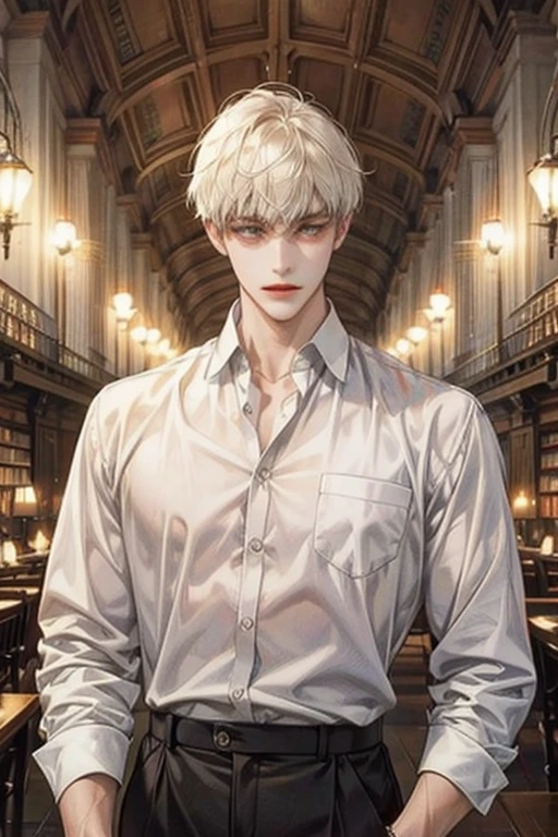 male, delicate, white shirt clothing, library