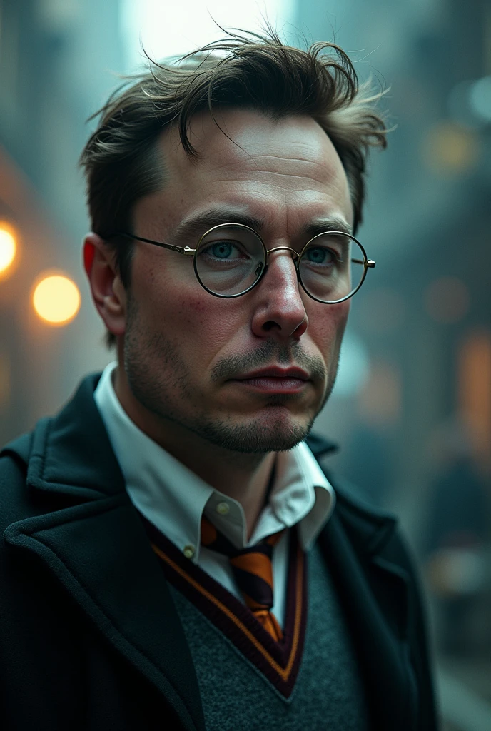 masterpiece, best quality, cinematic photo of Brighten image, photograph, film, highres Elon musk with harry potter body