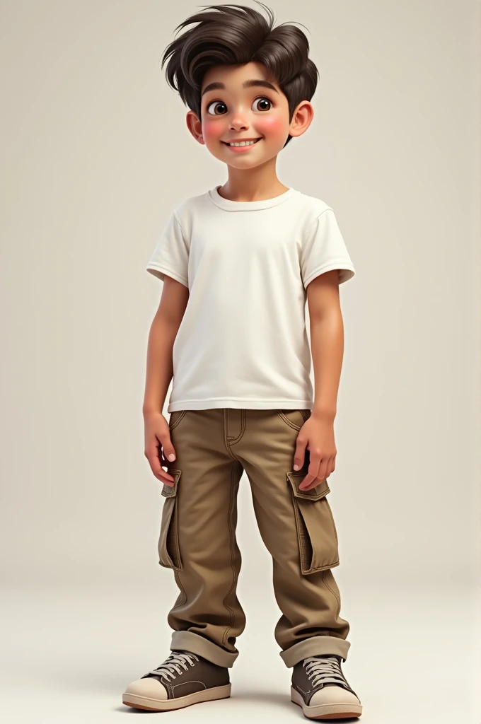 A boy white tshirt and cargo pants 