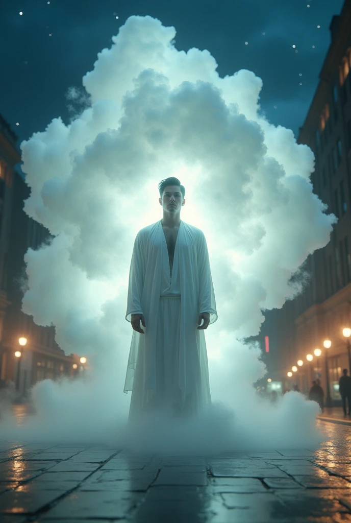 Young spiritual spectral Latino man dressed in white coming out of a large cloud in the middle of a square at night

