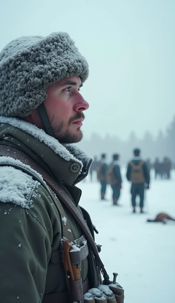 Simo Häyhä, after a successful shot, observing the battlefield, calm and collected, during the intense Winter War, in a snowy landscape with fallen soldiers in the distance, close-up shot, Hyper-realistic, cinematography