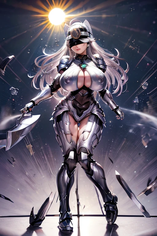 (Ultra HD、Ultra-high resolution、Ultra high definition、Noise Reduction、perfection、Image quality adjustment、Balance Changes、Optimal Lighting、Minor corrections、Detail Correction)、((((Special Effects、hero、silver、Metallic Color、Metal Armor、Metal、Gloss、Mirror processing、Metallic body、Bodycon、Champselion、Executioner of Darkness、Silver Hair:1.3))))、Camel Toe、Giant tit、Nipple Puffs、Cleavage、Plump、Super big breasts、Super big butt、Bubble butt、Mons pubis、((Super big breasts、Saggy breasts:1.6))、、Earrings、Earrings、lipstick、necklace、Thick lips、Heterochromia、Bracelet、Caster wheel、first round、Hair Charm、Lip gloss、Long False Eyelashes、Ahoge、)、Open up、eye shadow、Long eyelashes、Shaped eyebrows、Tear bags、Lip gloss、紅いlipstick、Eyeliner、Red blush、Headband、ribbon、Manicure、Pedicure、nail、、((sun、visor、Full body photo、Blindfold:1.5))、Goddess of Mystics、Mysterious Body