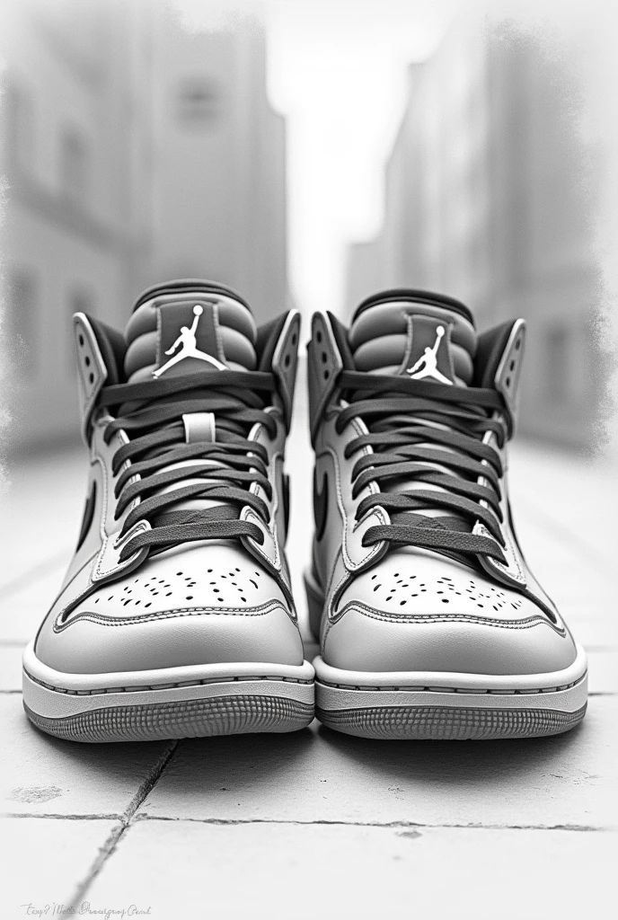 Create an image that looks like a pencil drawing of a first-person photo of Nike Jordan sneakers from someone who is taking a photo of their sneakers on
