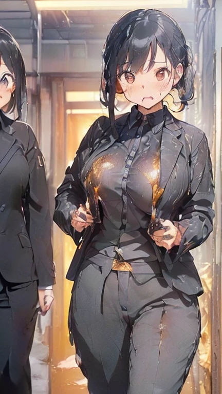 (must be follow these prompts:2.2),masterpiece,best quality,extremely detailed,(in her clothing:3.0),(in her formal styled business suit clothing:2.6),(adorable girl:2.5),(displayed one girl on single picture:2.4),(black hair:2.1),(lower height:2.3),(A small, curvy new employee working in modern Tokyo wearing a slightly damp dark grey business suit jacket and trousers:2.1),(A cute girl-like moan echoes:2.2),(The new recruit was covered in thick, amber-colored, stinky semen that had repeatedly soaked into the dark gray suit he was wearing.:1.7),(The new employee was wearing a sticky dark grey business suit that had been ejaculated on a long time ago, leaving a very light, amber-coloured stain that was smeared and bled in varying shades.:1.6),(その新入社員はfirst time々It gives a cute and innocent impression.:2.5),(She looks cute, but inside she has awakened to sexual desire.:1.9),(A new employee struggling with her own lust and desires:1.8),(The new employee's vagina became hot as she smelled the amber-colored old semen that had stained the dark gray suit she was wearing.:1.8),(The new employee's entire body was oozing with the slimy secretions that accompany sexual climax.:2.4),(The new employee's breasts, covered by her slightly sticky business suit, are swelling with intense lust.:2.4),(The new employee's heightened sexual desire led her to fondle her clitoris through her trousers.:2.1),(libidonous tumultus are makes sensuous reaction of her body:2.2),(she was sank into the depth of irresistible low passion:1.8),(viscous drips on her suit like a hunny dipping:2.4),(The new employee's love juices were dripping down the inside thighs of her dark grey trousers.:2.2),(in her clothing massively ejaculated:2.2),(men's elected twangers were inserted her:2.3),(The new employee with a plump, round body smells like semen:2.3),(she was already stroked up to the depth intervaginal sensual spot:2.3),(notably buldged up her inner labia majora:2.9),(having big breasts in her clothing:2.6),(A new employee with an innocent look working in the office:2.3),(The new employee is short but has a slightly plump body.:2.1),(The new employee is convulsing and dripping love juice from her pussy, which is hidden under her pants.:1.8),(The new employee's dark grey trousers, which hug her plump thighs, are damp with lascivious secretions.:2.0),(The new employee endures the slush between his legs by continuing to wear his dark grey trousers.:2.1),(A new employee who is always holding his crotch over his dark grey trousers:1.7),(A moan filled with childish embarrassment:1.5),(The new employee's suit-covered breasts and nipples are bulging with lust.:1.8),(The new employee has a very lewd body hidden under her clothes.:2.2),(The new employee works very diligently.:2.5),(The new employee has short, thick legs.:2.2),(first time々New Employees:2.2),(she looks like japanese idol:2.3),(The dark grey trousers are made from a durable fabric that will never tear.:2.3),(she looks like a lolita:2.0),(All of this happened to the new employee himself, not anyone else.:3.1),(tough business suit:2.2),(Make sure to depict the face:5.3),(Calm expression:4.3),(Innocent face:3),(The story focuses on just that one new employee.:3.3),(The only characters that appear are the new recruits.:4.2),(Portrait Style:5)