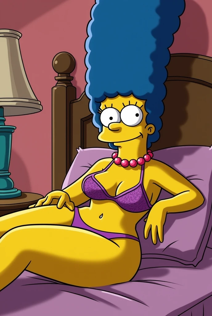 Marge Simpson, bed,sexual traits closed mouth smile, lingerie, cartoons