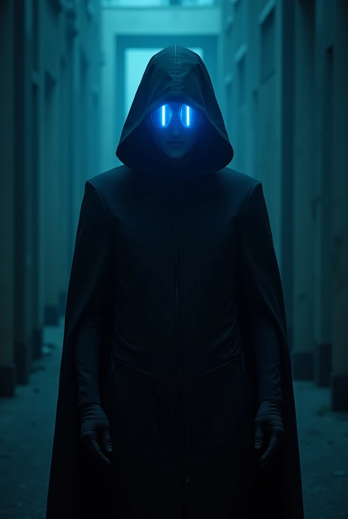 A faceless man dressed entirely in black, with a smooth, featureless surface where his face should be. His eyes emit intense blue laser beams, casting a futuristic glow. The dark outfit contrasts sharply with the electric blue light.