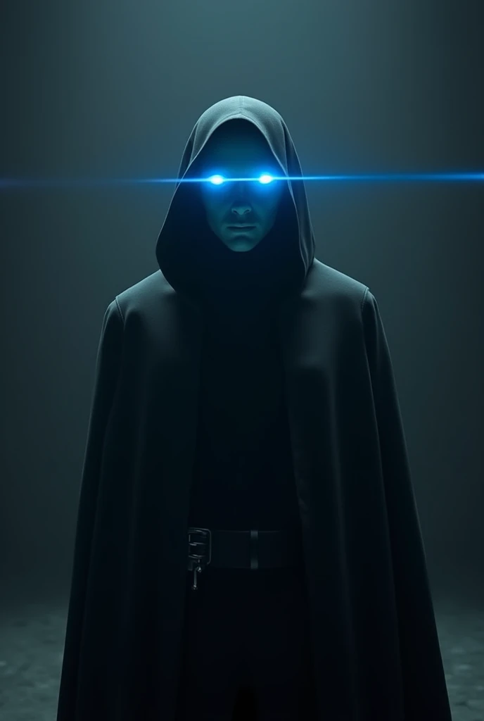 A faceless man dressed entirely in black, with a smooth, featureless surface where his face should be. His eyes emit intense blue laser beams, casting a futuristic glow. The dark outfit contrasts sharply with the electric blue light.