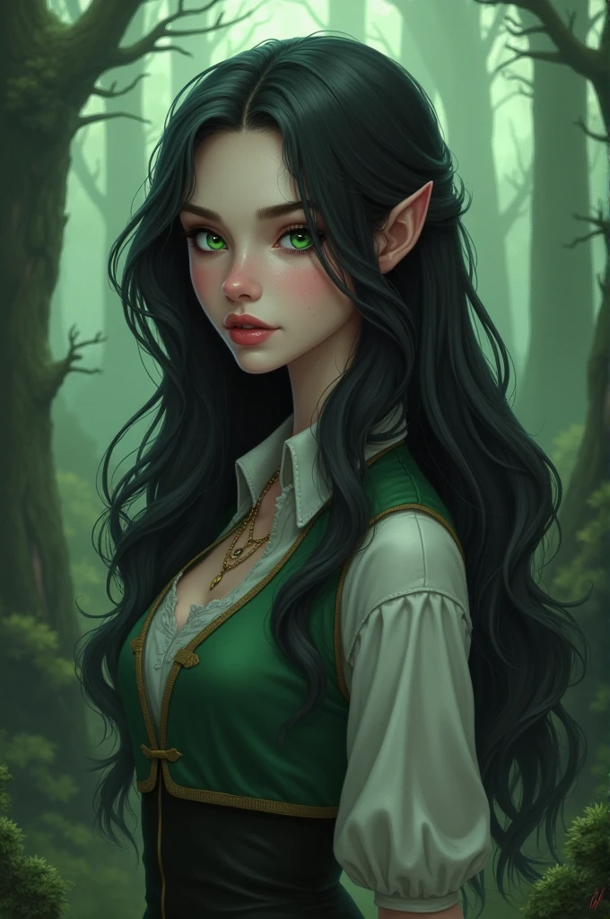 I want a character with the characteristics of gravity falls, a feminine girl with pale skin, green eyes, black hair with grey clothes