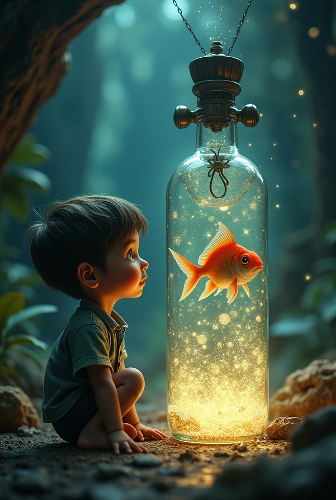 Boy and a fish locked in a bottle amazed seeing a time machine and the machine is seen in the image 