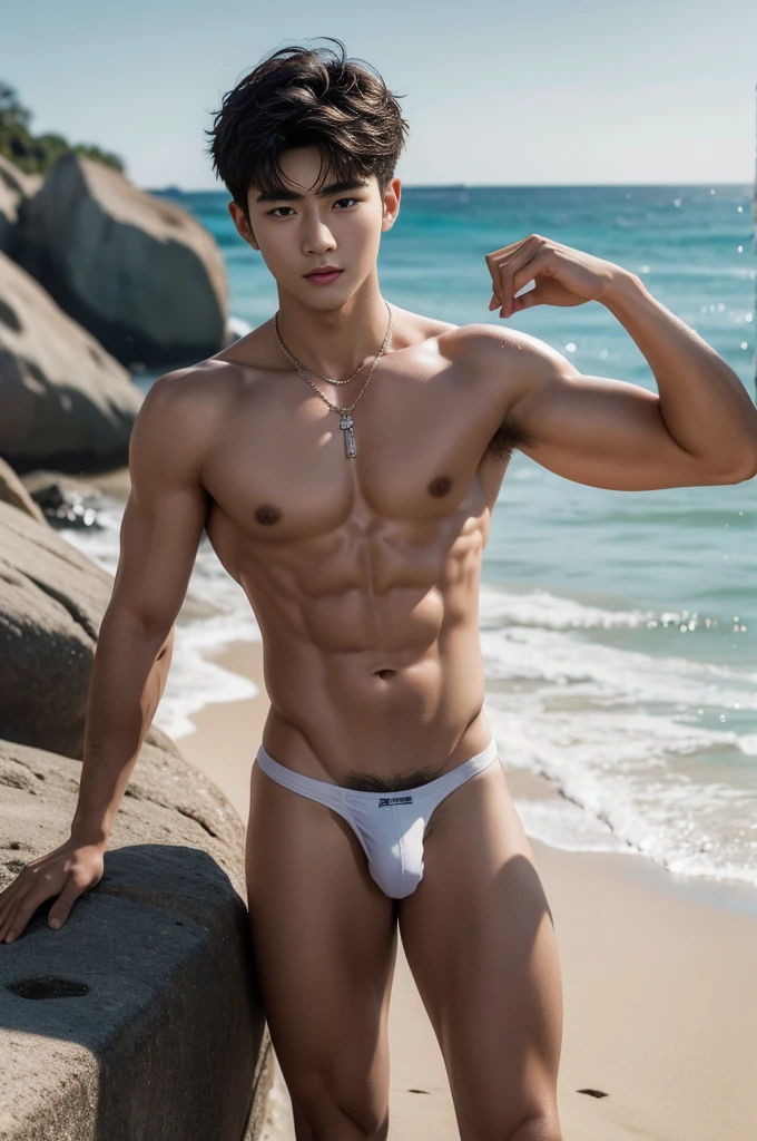 Don't close up, beach scenery, beach background, Full body photography, Crowded beach, very hot sunny day, Very micro red thong, Very hairy armpits, Very detailed finger, don't merge body, Very young Korean boy, boy, (photorealistic, masterpiece, best quality), white pale skin, muscular man, hunk, charming, attractive, wearing necklace in his neck, completely naked , stic, fully naked, nude, ct , ma modeling for a photoshoot, editorial style, handsome man, detailed face, Topless, shirtless, boy, very young boy, Cinematic soft lighting illuminates a stunningly detailed and ultra-realistic handsome korean male supermodel, ultra messy curly hair, clear honey eyes, captivating perfect smile, sensual, hot man, insanely handsome, showing off his sweaty body, very sixpack muscular body build, slender, toned, full body, 8k, photography, masterpiece, detailed face, detailed eyes, detailed hands, in the crowded showing off his very bushy hairy armpits, only wearing very thin micro white thong with big hard dick print bulge, very wet body, very sweaty body,