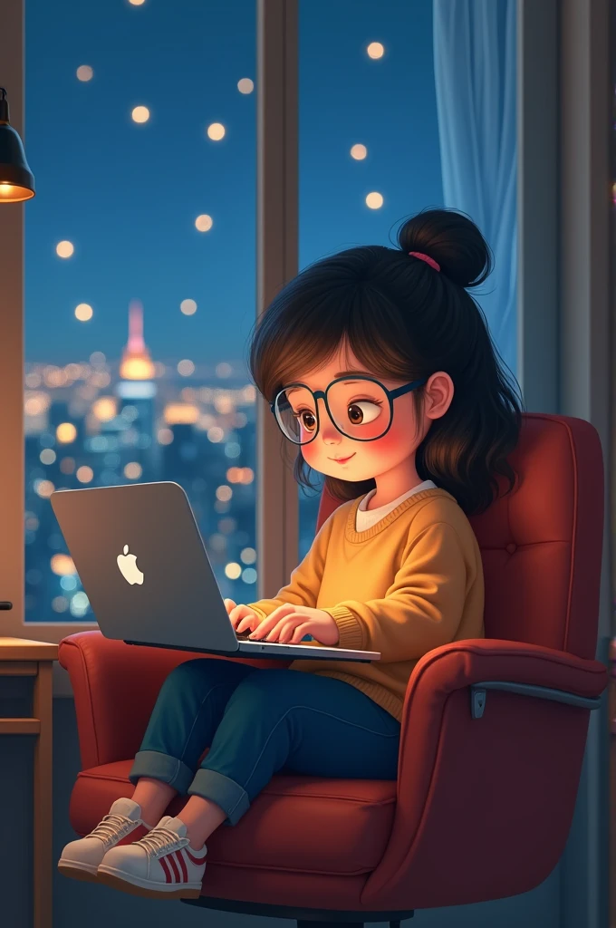 A cute chubby girl sitting on design chair wearing spectacles looking at laptop with background night view at window 