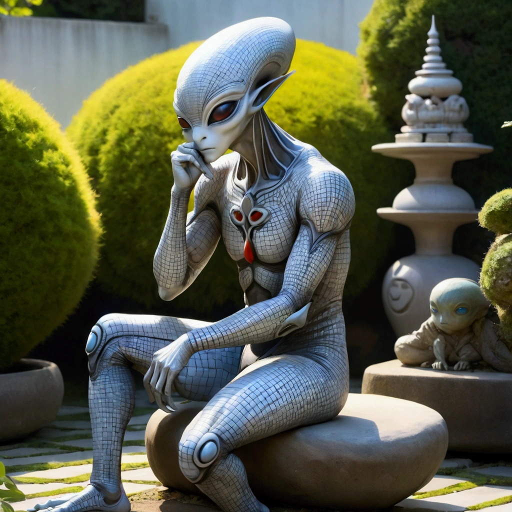 (Handsome ceramic surface Alien), Sitting on a stone, Holding chin with both hands, Diffuse lighting, fantasy, complex, elegant, Colorful grid suit, Very detailed, Artworks of Yoshitaka Amano，Garden Background，