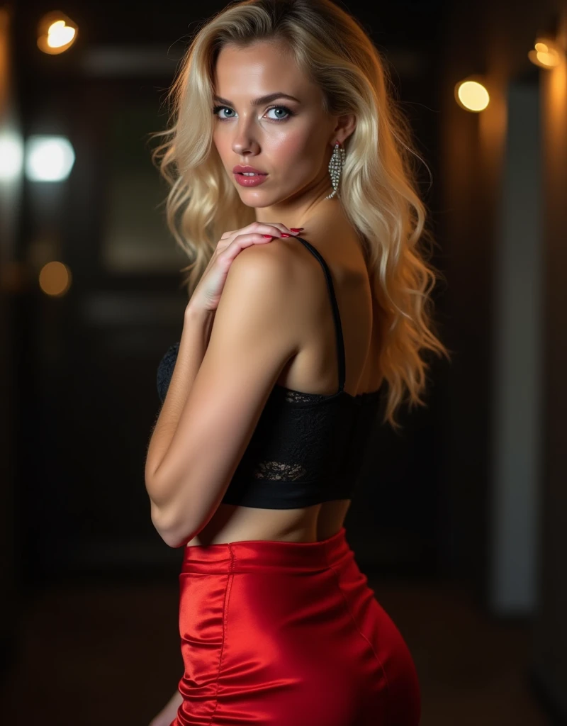 A detailed picture of a young female with wavy light blonde hair before going out to party, facing forward touching the shoulder with the left hand. The image frames her entire body, from his shoes to his head. It is in a dimly lit room at night. He has a sweet facial expression with blue eyes and a challenging look.. She wears a short, tight red silk skirt., along with a delicate white fabric top that accentuates her curvy figure. Her makeup is delicate, with a soft shade that harmonizes with your outfit. Night lighting creates a modern and elegant atmosphere, highlighting her party-ready look.