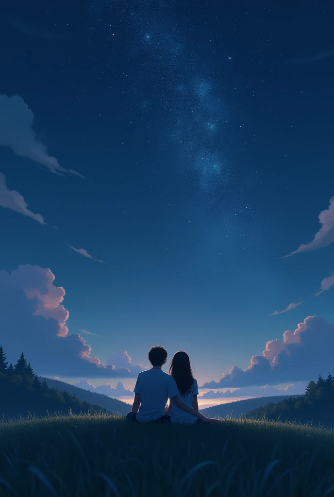 Two lover sitting a hill and looking the sky in night