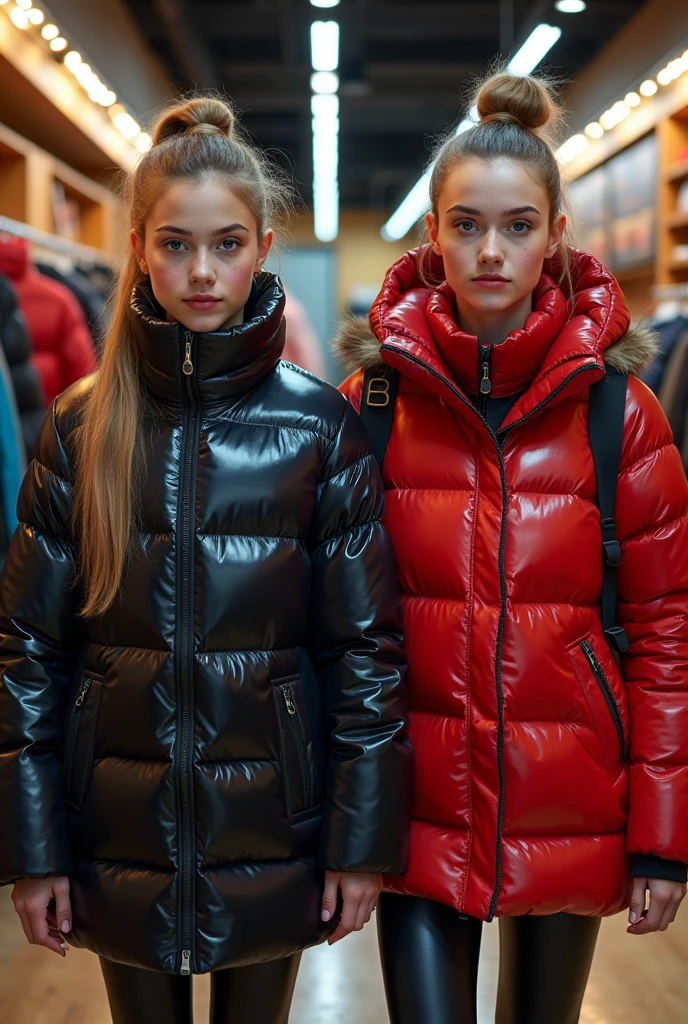  a slim ponytail  girl and her bestie walking in a puffershop,beautiful detailed eyes,beautiful freckles,beautiful detailed lips,extremely detailed eyes and face,longeyelashes, wearing beautiful detailed skintight airtight hood covering her head formfitting duvetica overfilled shiny super gleamy  thick glossy puffervest covering over her  padded high-collared pufferjacket, shiny latex  leggings,symmetrical,masterpiece,cinematic,lifelike,hyperrealistic,8k,photorealistic,highly detailed,intricate,exquisite,elegant,beautiful,stunning,peoples trying on puffervests