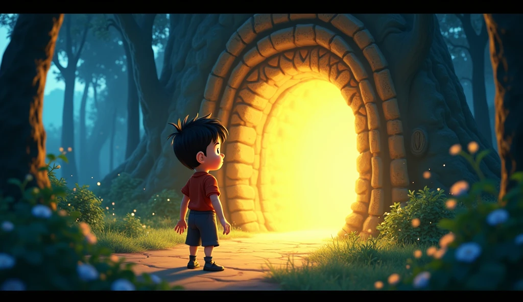 In Cinematic 3d cartoon style "Create a vibrant and mystical YouTube thumbnail for a Hindi cartoon story titled 'Jadui Gufa.' The scene should depict a brave young boy entering a mysterious, glowing cave deep within a dense, enchanted forest. The cave entrance is surrounded by ancient carvings, and a magical light emanates from within. The boy's expression is a mix of curiosity and awe. The atmosphere should feel magical, with sparkling dust particles in the air and a sense of adventure."