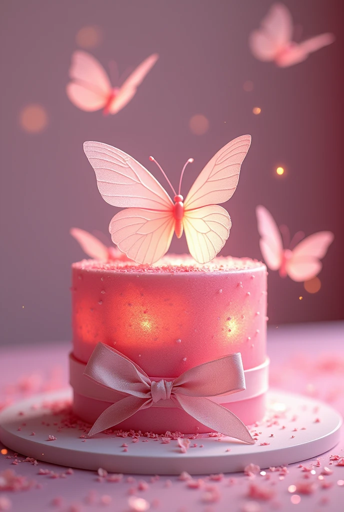 Make a 2 cm cake that is pink, the most beautiful shade of pink in the world, that has butterflies around the cake and on top as well, and a bow around the cake on top also highlighting the color of the cake, ok, and that has shine.