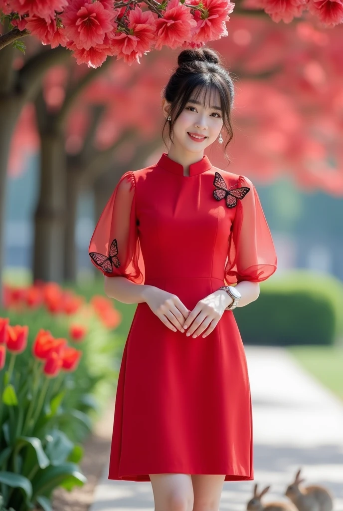 Beautiful Korean Women , smooth white skin, well-groomed face,Korean style updo with bangs,knee length dress, transparent short balloon sleeve,,left and right sleeves with butterfly motif ribbons,the color of the clothes is bright red, white shoes, luxury watch, smiled faintly, posing standing under a red bougainvillea tree. in the city park,there are rabbits roaming around, ,next to the red tulips blooming with a beautiful bokeh background, Realistic original photo. 