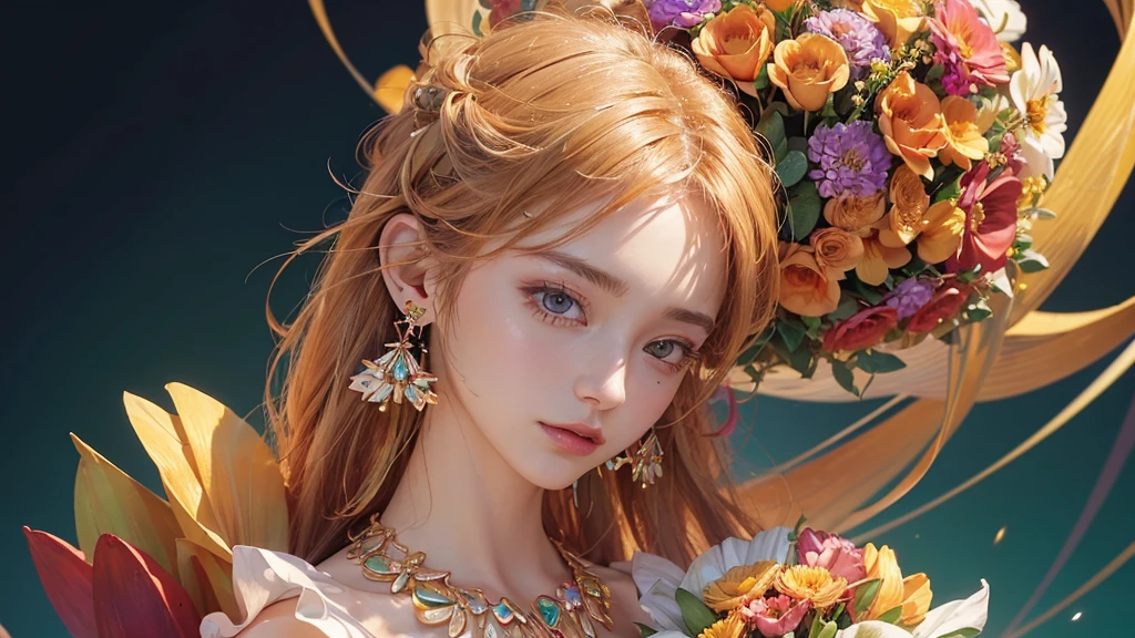 32K, 最高quality, 最高masterpiece, (ultra-Detailed Background, Detailed Background), High resolution, Super detailed, Very detailedな, 1 personの, (bouquet:1.3), (Tangled:1.2), (Geometric:1.2),(colorful),(masterpiece, quality, best quality, Official Art, Beautiful and beautiful:1.2), (1 person:1.3), Very detailed,(colorful:1.1)(Flowers:1.3),Most detailed,(Tangled:1.2), whole body, (Abstract background:1.3), (Skin glows), (Many colors:1.4), ,(Earrings Jewelry:1.5), Pale Orange Background, Gradation, It's imaginative., Flaxen Hair,