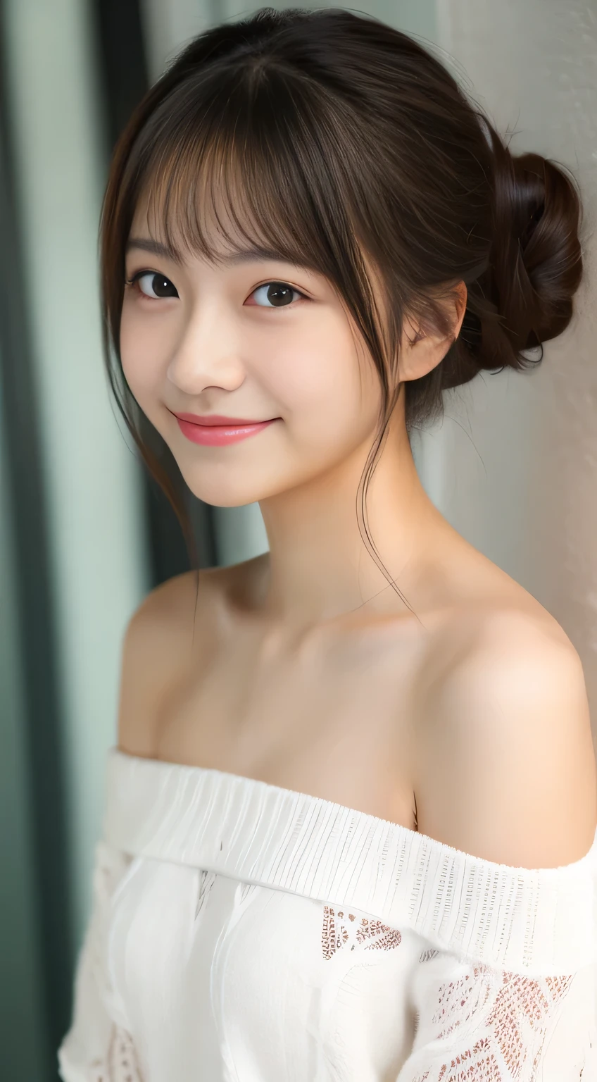 masterpiece,best quality,(Japanese girl),((Beautiful girl)),cleavage,(off shoulder:1.2),(perfect body beauty:1.2),(shy smile),From slightly above