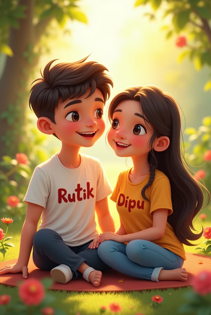 Cute couple sitting the garden.wearing t shirt. Rutik name on boy shirt and dipu name on girl shirt . Background is love