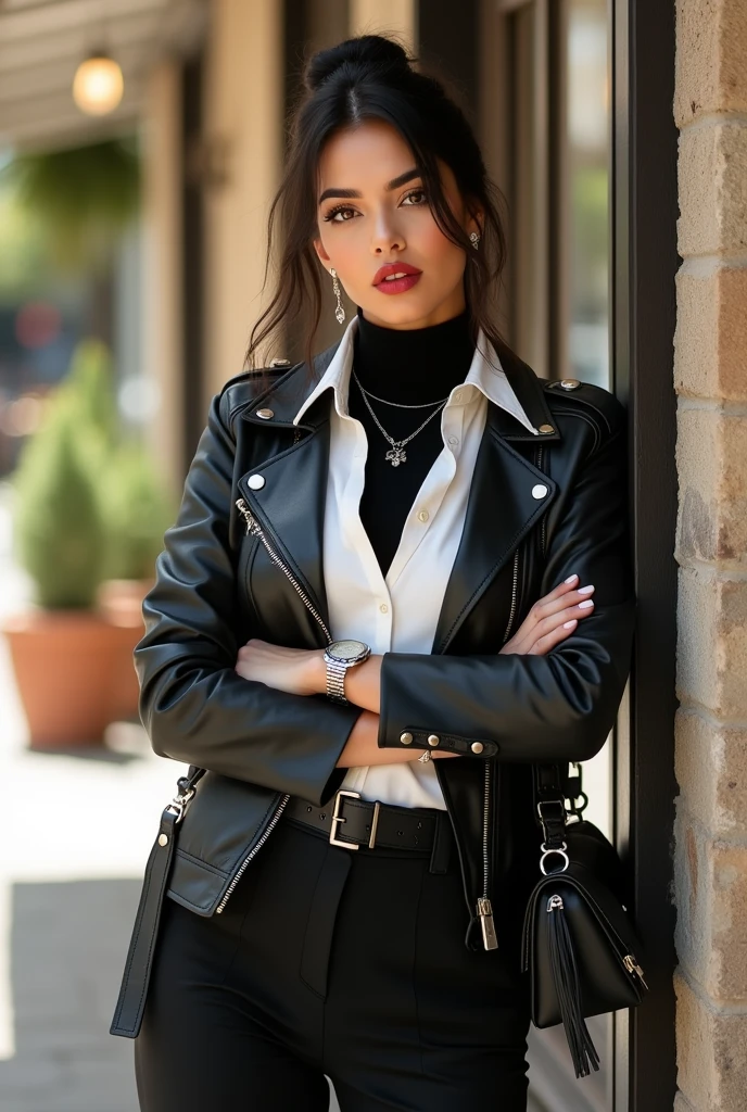 Full body beautiful white curvy hourglass body shape lebanese woman, 5'8" tall, medium top bun black hair, deep brown round eyes, wearing close zipped up black black biker leather jacket, black wide leg belted pants, rolled up sleeves, zipping up jacket, up collar, collared white formal button down blouse under jacket, black turttleneck collar shirt under blouse, shy smile, tender look, leaning on the wall at a cafe, high hill sandals, summer sunny day, bag, watch and bracelet, neck chain, ear rings, red lips, crossing arms, hand fixing the hair