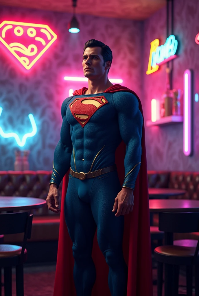 Superman wearing a Batman t-shirt in a bar. digitl art, neon, 8k, surreal, swirly vibrant colors