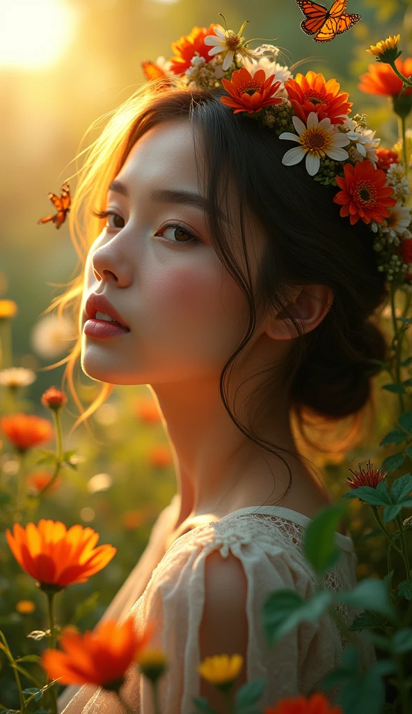A beautiful girl in a lush garden, detailed eyes and face, long eyelashes, intricate flower crowns, butterflies fluttering around, warm sunset lighting, vibrant colors, cinematic composition, (best quality,4k,8k,highres,masterpiece:1.2),ultra-detailed,(realistic,photorealistic,photo-realistic:1.37),HDR,UHD,studio lighting,extreme detail description,professional,vivid colors,landscape