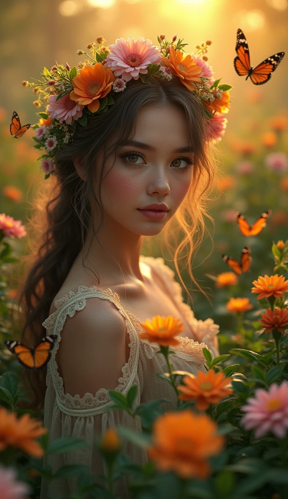 A beautiful girl in a lush garden, detailed eyes and face, long eyelashes, intricate flower crowns, butterflies fluttering around, warm sunset lighting, vibrant colors, cinematic composition, (best quality,4k,8k,highres,masterpiece:1.2),ultra-detailed,(realistic,photorealistic,photo-realistic:1.37),HDR,UHD,studio lighting,extreme detail description,professional,vivid colors,landscape