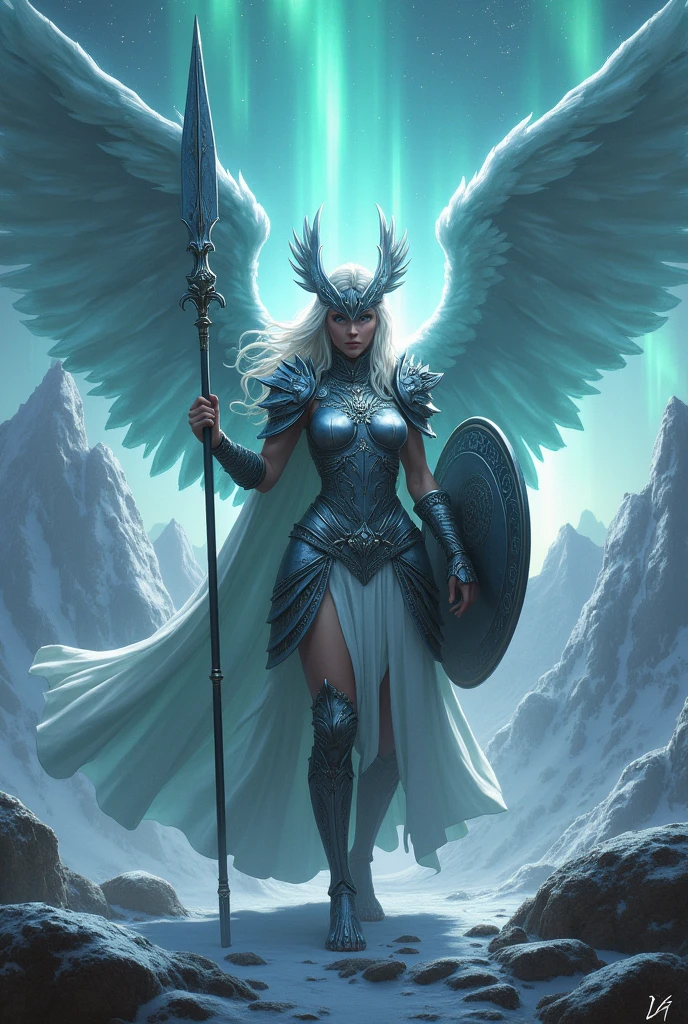 A female character inspired by Norse mythology, with winged helmets, flowing capes, and silver armour.Wields a mythical spear and shield, and has an aura that glows with the energy of the Northern Lights.The background could include a Nordic landscape, with snowy mountains and a starry sky.