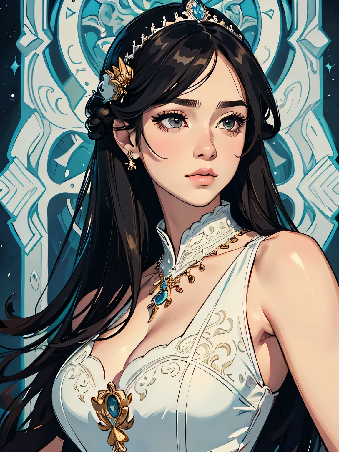 a female, black long hair, hime hairstyle, light hazel eyes, beautiful detailed eyes, beautiful detailed lips, extremely detailed eyes and face, long eyelashes, elegant and beautiful woman, serene expression, intricate and detailed portrait, oil painting, ultra-detailed, (best quality,4k,8k,highres,masterpiece:1.2),ultra-detailed,(realistic,photorealistic,photo-realistic:1.37),HDR,UHD,vivid colors,studio lighting