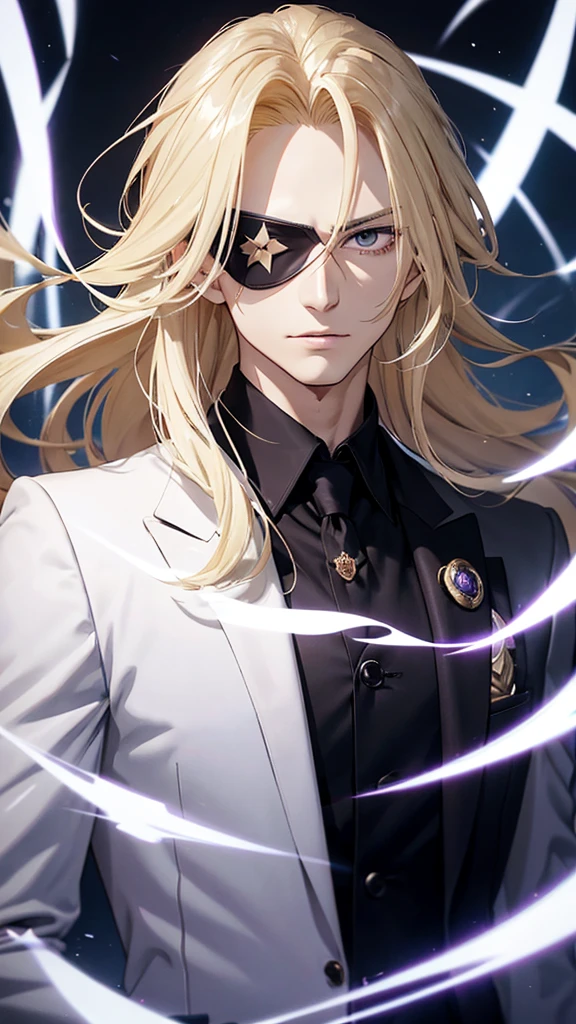 Hair yellow, Anime style image of a man with long blonde hair wearing a black suit and white shirt, purple eye, a character portrait inspired by Yamagata Hiro, pixiv, what is?, pat pat anime, delicate androgynous prince, black skin, black skin, black face, guapo drow, beautiful androgynous prince, Johan Liebert mixed with Alucard, handsome boy with eye patch, handsome anime man, excited, POV, Perspectiva, Brillar, Luz de reflejo, Riendo, Yaeba fuera, Expresiones, Gimiendo, Lengua larga, Sonrisa nerviosa, Sonriente, Ojos brillantes, Ahogado,