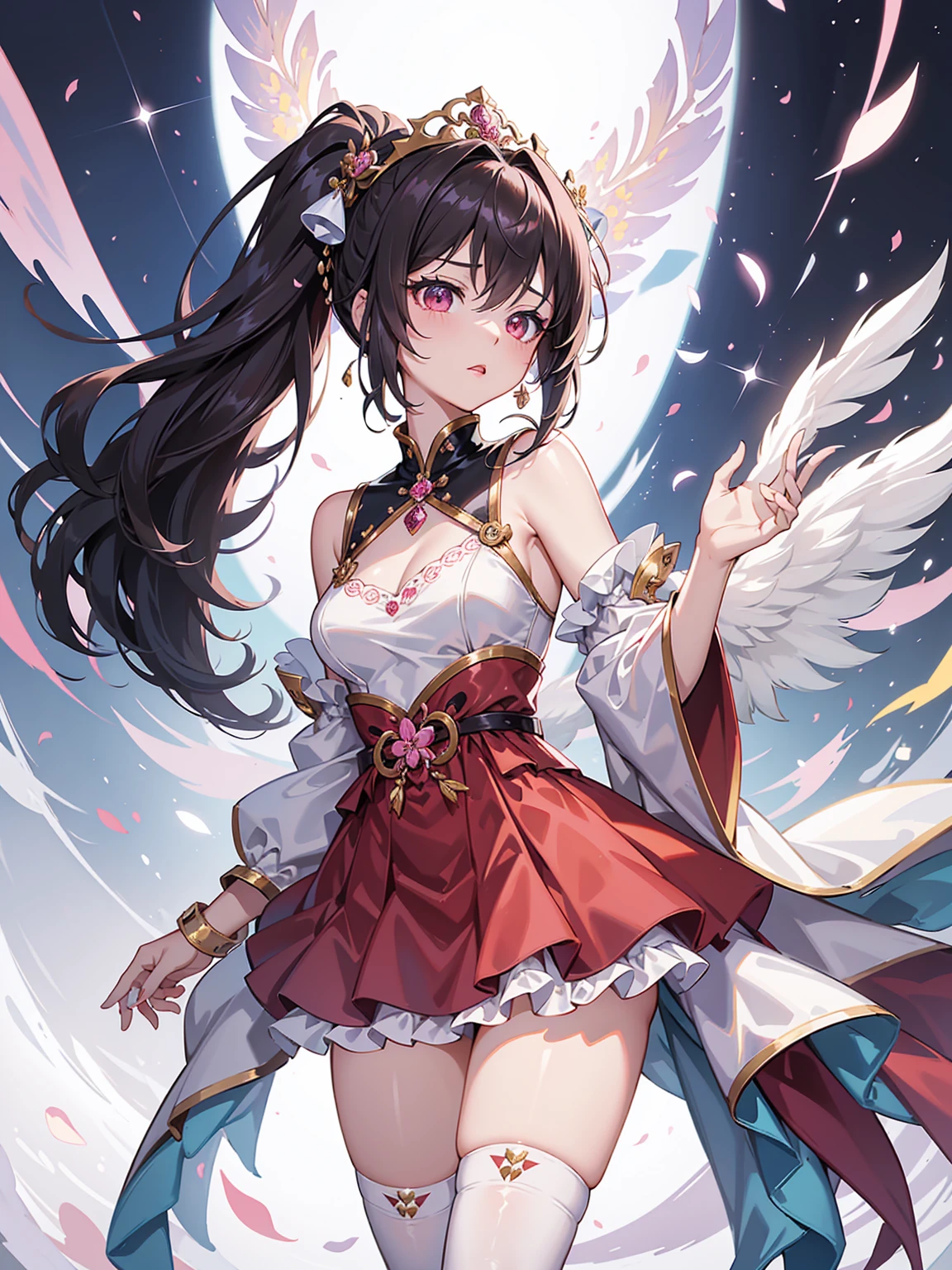 ((gossiperの十代の少女)),Cheerfulness,(Charmed:0.2),Highest quality,masterpiece,The ultimate solution,fluffy,A perfect cherry blossom storm、Perfect body,Ponytail Hair Brown Hair,Jewel-like eyes,Bunny Girl Costume,(Beautiful costumes),Shrine maiden costume, Polka dot stockings,Long legs,Muffin Shoes,embroidery,(Rainbow Bubbles:0.3),Dazzling Light(about:0.5),(Shine:0.3),firework、gossiper