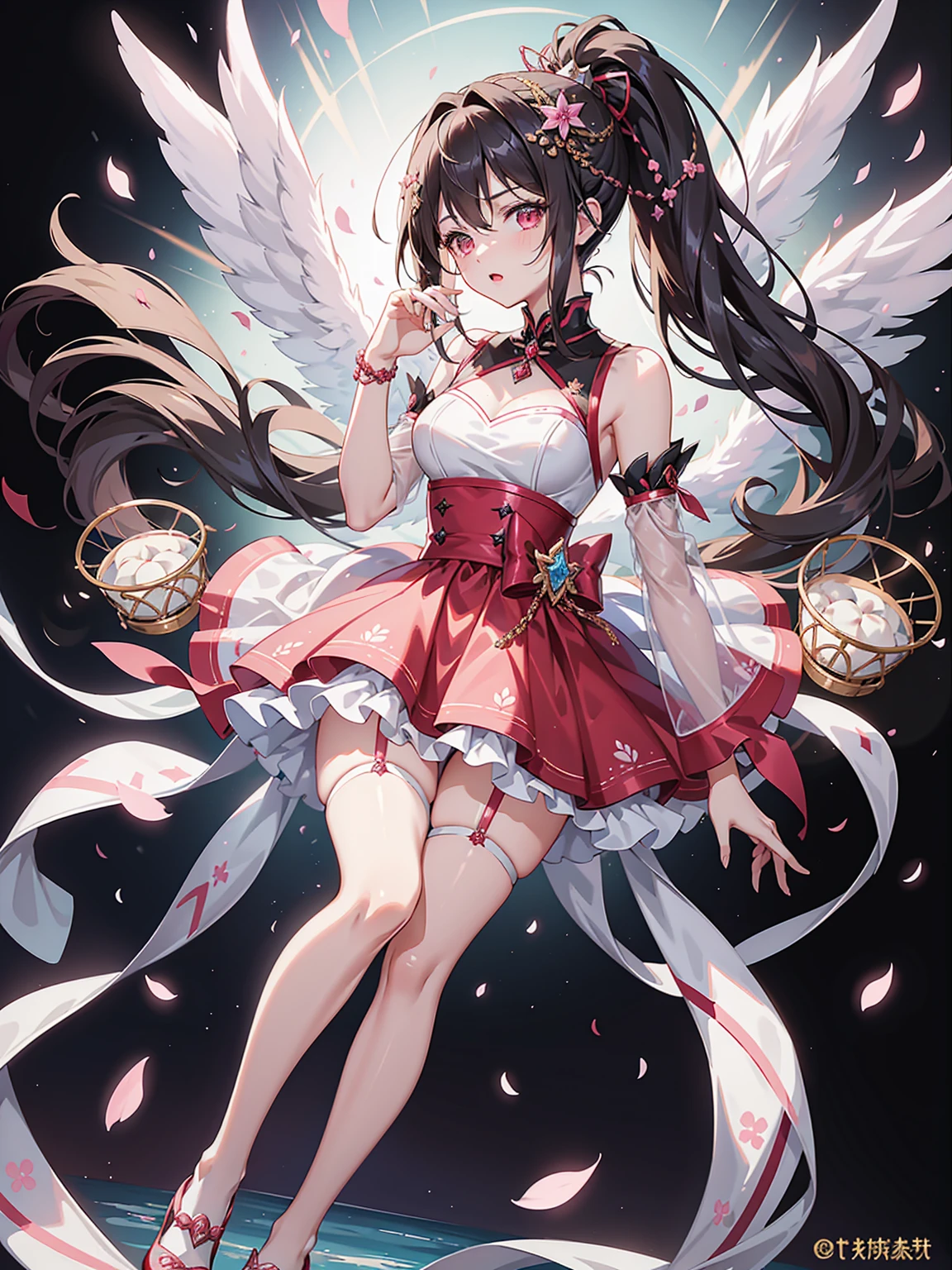((gossiperの十代の少女))，Cheerfulness，(Charmed:0.2)，Highest quality，masterpiece，The ultimate solution，fluffy，A perfect cherry blossom storm、Perfect body，Ponytail Hair Brown Hair，Jewel-like eyes，Bunny Girl Costume，(Beautiful costumes)，Shrine maiden costume， Polka dot stockings，Long legs，Muffin Shoes，embroidery，(Rainbow Bubbles:0.3)，Dazzling Light（about:0.5），(Shine:0.3)，firework、gossiper