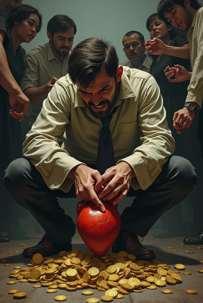 Illustration of a person holding on to their possessions or material things, showing selfishness and obsession with wealth. Surrounded by a shrunken heart, showing narrowness of mind, while others around show generosity and open-mindedness.