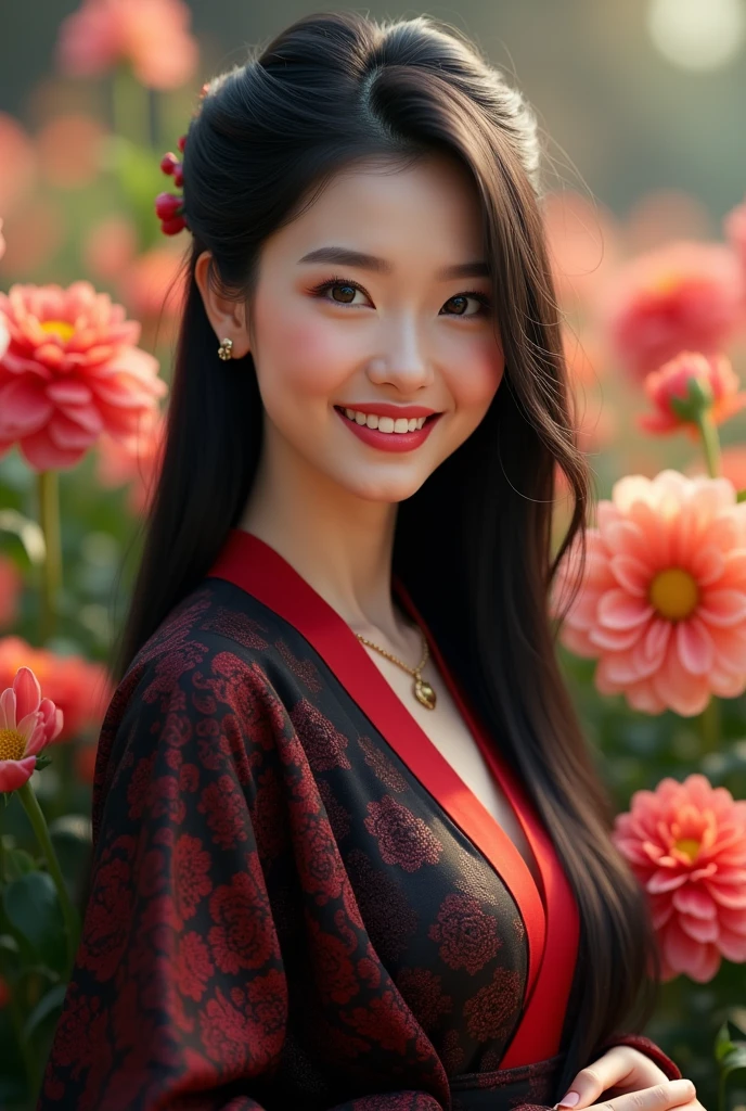 a gorgeous woman, wearing a black and red gorgeous outfit, smiling, black straight hair, portrait view, flower garden background, (best quality,4k,8k,highres,masterpiece:1.2),ultra-detailed,(realistic,photorealistic,photo-realistic:1.37),HDR,UHD,studio lighting,ultra-fine painting,sharp focus,physically-based rendering,extreme detail description,professional,vivid colors,bokeh,portrait