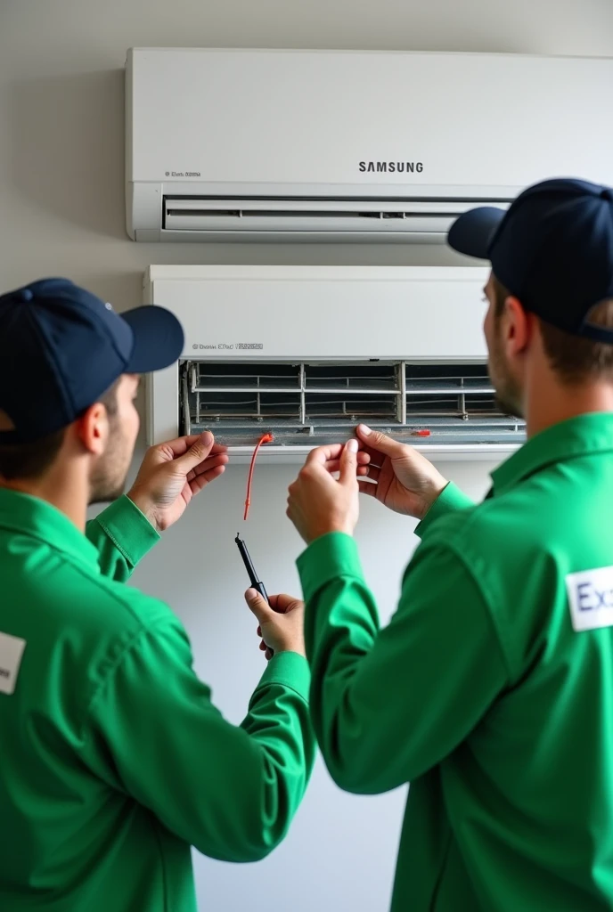 Technicians repairing open aircon one  indoor unit only  with "excel keen" As their green uniform. Do not include outdoor unit. Samsung ac unit