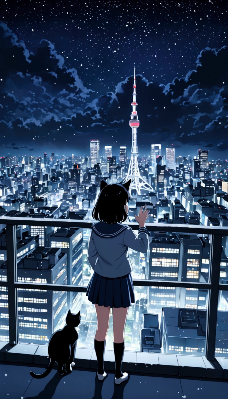 A cute girl in school uniform with black hair and long socks is standing on the roof of an office building, holding up her hand and looking out over the night skyline of Tokyo. Next to her, a cat looks up at the girl. Outside it is snowing. Real animation style. High quality.
