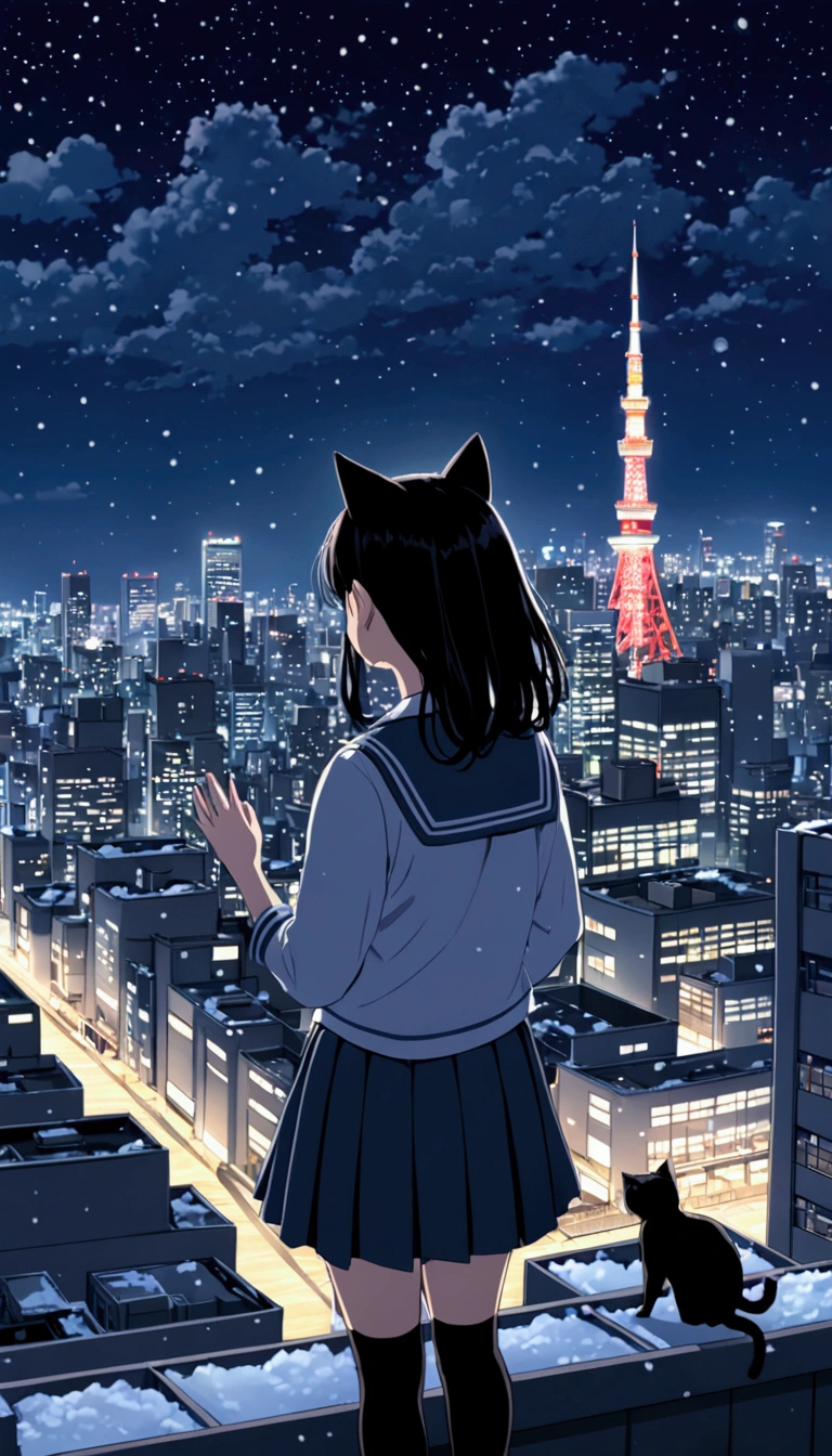 A cute girl in school uniform with black hair and long socks is standing on the roof of an office building, holding up her hand and looking out over the night skyline of Tokyo. Next to her, a cat looks up at the girl. Outside it is snowing. Real animation style. High quality.