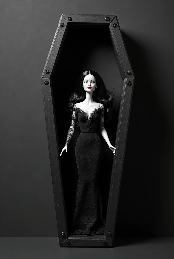Barbie doll box made of MDF. The box should be black and shaped like a coffin..