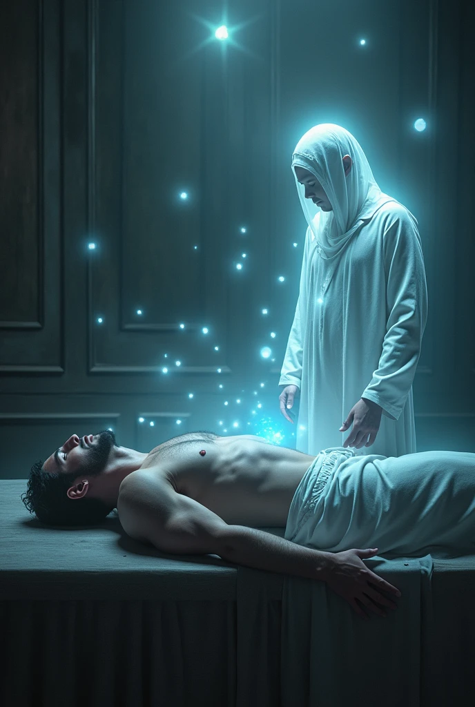 "Create a surreal image of a spiritual surgery taking place. A wrestler lies unconscious on a wooden table, his body bathed in an otherworldly glow. Standing beside him is a ghostly figure resembling a spiritual doctor, glowing faintly and surrounded by floating light orbs representing spiritual entities. The room is dark, with the only light coming from the entities and the doctor, giving the scene a mystical and slightly haunting atmosphere. The doctor's form should be somewhat blurry, suggesting his ethereal nature."
