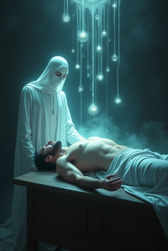 "Create a surreal image of a spiritual surgery taking place. A wrestler lies unconscious on a wooden table, his body bathed in an otherworldly glow. Standing beside him is a ghostly figure resembling a spiritual doctor, glowing faintly and surrounded by floating light orbs representing spiritual entities. The room is dark, with the only light coming from the entities and the doctor, giving the scene a mystical and slightly haunting atmosphere. The doctor's form should be somewhat blurry, suggesting his ethereal nature."