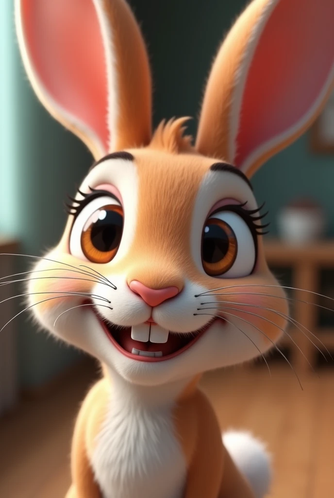 In 3D animation style **: Close-up of the rabbit’s satisfied and knowing smile.