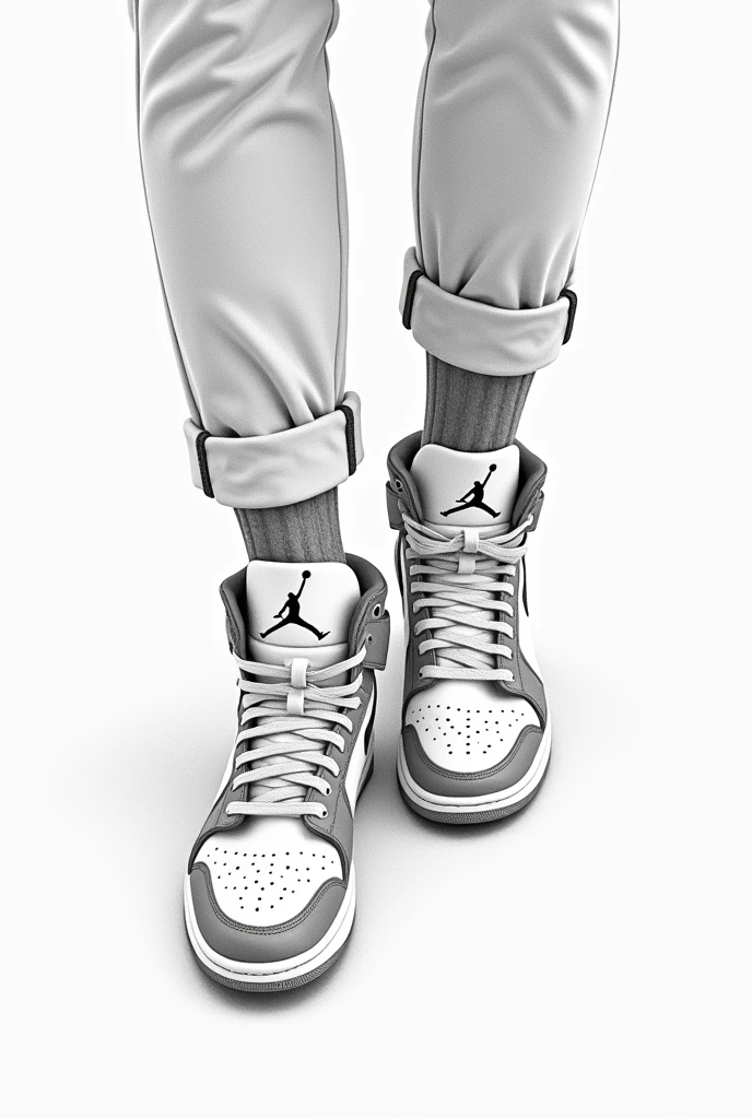 Create an image that looks like a pencil drawing of a first-person photo of Nike Jordan sneakers by someone taking a photo of their sneakers on their feet, but with his feet crossed over each other 
