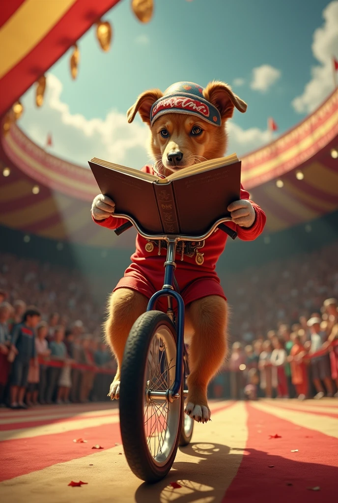 dog in circus riding a bicycle while reading a book