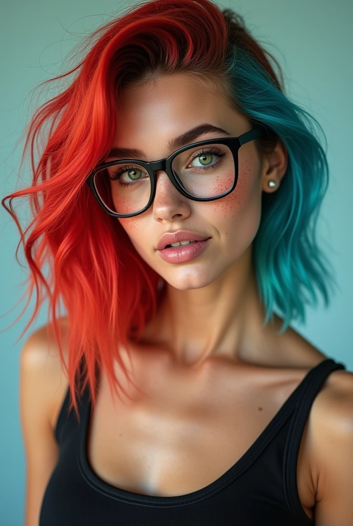 cyan and red hair, bright, clear green eyes, freckles, glasses with thick black frames, Beautiful girl, big fit ass , photo studio style, loot , Kale